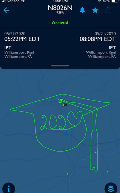 Carl Jenkins, a pilot, helped his son Keegan, a graduating senior at Warrior Run High School in Pennsylvania, honor his fellow seniors by skywriting a special message with the family’s Piper Cherokee. Photo courtesy of Carl Jenkins.