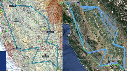 The map on the left shows the 2020 Hayward Air Rally course, planned to fly over various mandatory checkpoints, while the map on the right shows the actual GPS track data from most of the rally aircraft. Images courtesy of the Hayward Air Rally.