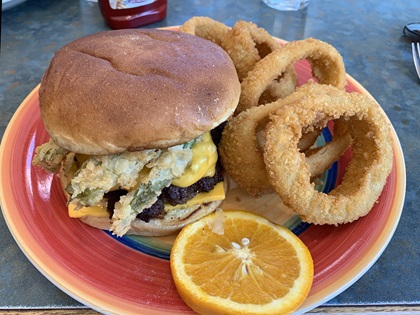 The New Mexico State Fair award-winning green chile cheeseburger at the OSO Grill in Capitan, NM. Photo by Zach Ryall.