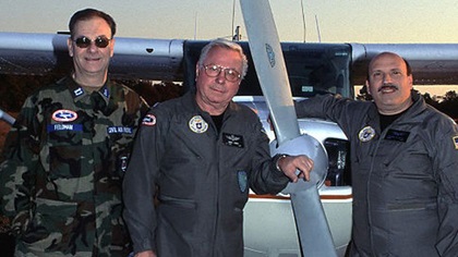 From left, Lt. Col. Andrew Feldman, Lt. Col. Jacques Heinrich, and Lt. Col. Warren Ratis, the flight crew of N9344L on September 12. 2001. Photo courtesy of Lt. Col. Warren Ratis, Civil Air Patrol.