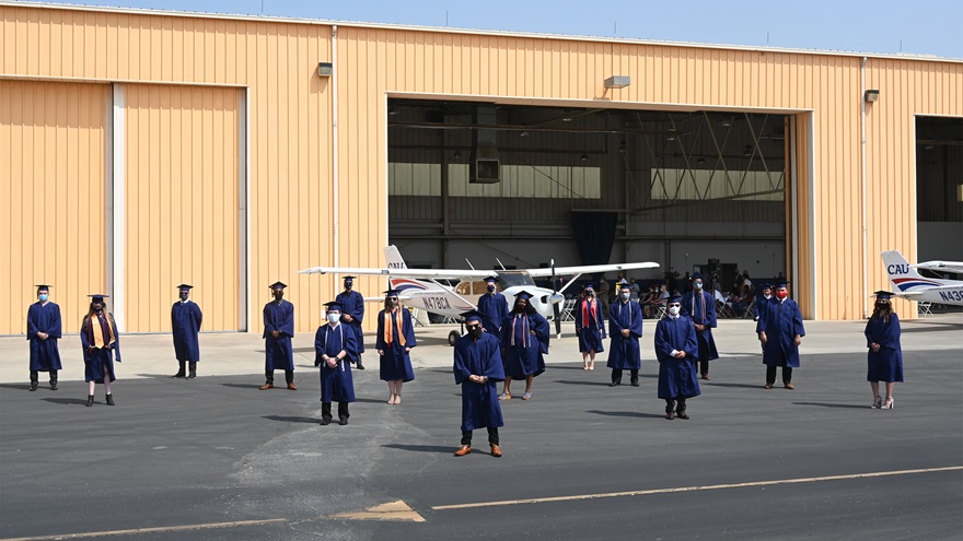 The California Aeronautical University class of 2020 gathers for a socially distant graduation ceremony. Photo courtesy of Mia Rios.