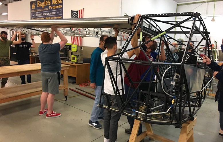 A group of McKinney High School STEM aviation students is constructing a tube-and-fabric Legend Cub at McKinney National Airport near the school. Photo courtesy of American Legend Aircraft Co.