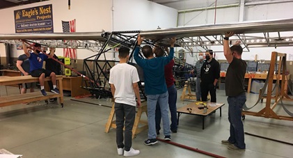 Mentors help Texas students construct a two-person, tube-and-fabric American Legend Aircraft Co. Legend Cub during a McKinney High School STEM class. Photo courtesy of American Legend Aircraft Co.