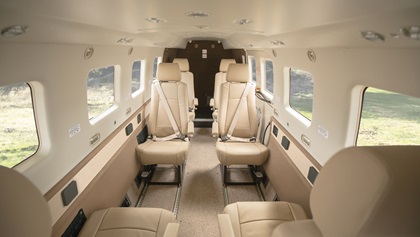 The Kodiak 100 Series III features club seating for eight in the cabin, along with air conditioning controls for the cockpit and cabin. Photo courtesy of Daher.