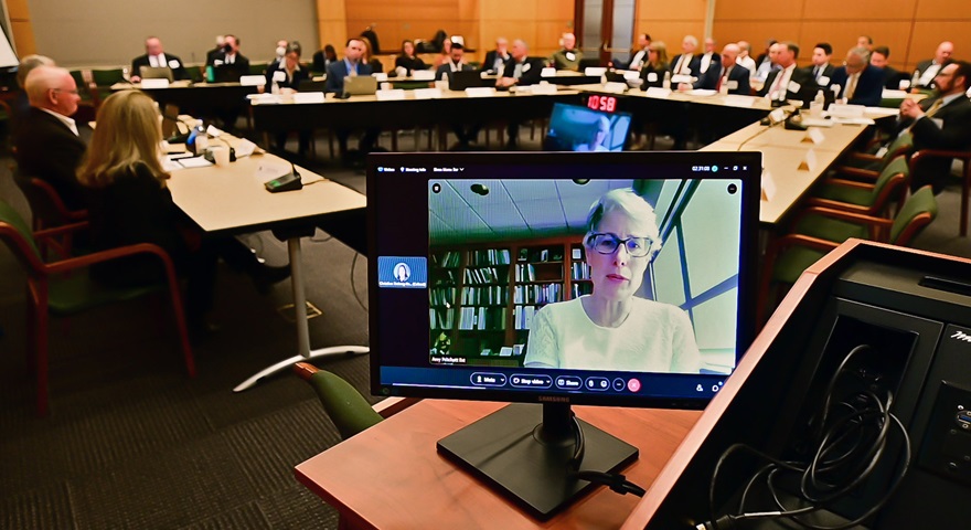 Pennsylvania State University aerospace engineering department head Amy Pritchett remotely addresses stakeholders including AOPA, the FAA, and others during an Eliminate Aviation Gasoline Lead Emissions (EAGLE) meeting in Washington, D.C., March 16.  Photo by David Tulis.