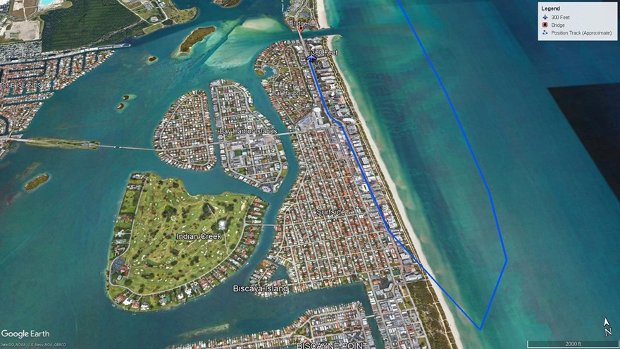 Tracking data from FlightAware overlaid (approximately) on Google Earth shows a southbound Cessna Skyhawk turned north as it began to lose altitude, and the pilot appears to have followed local streets in Surfside and Bal Harbour in Florida before attempting to land on the Haulover Inlet Bridge just before 1 p.m. on May 14. The flight's southernmost point is approximately 2 nautical miles from the bridge on which the aircraft landed. Google Earth image.