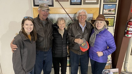 From left, Cayla McLeod Hunt stands alongside Jim Wilson and his wife, Eileen, and Triple Tree Aerodrome founders Pat and Mary Lou Hartness at Triple Tree’s annual Chilly Chili Fly-In. Photo by Conrad Geiger.