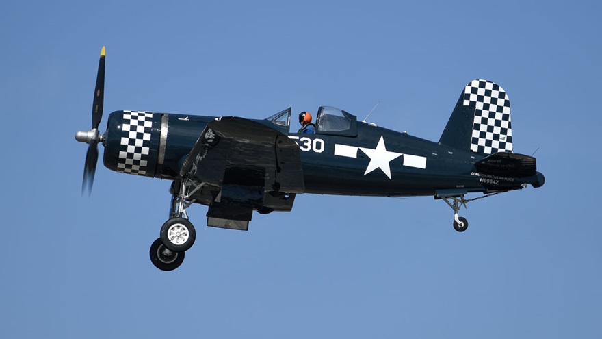 Commemorative Air Force Airbase Georgia’s FG-1D Corsair sports a fresh paint job in its signature navy blue and checkerboard scheme, thanks to volunteers at Delta Air Lines. Photo by Josh Frizzell.