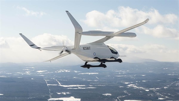 Beta's electric CTOL prototype, during a flight test at the flight testing facility in Plattsburgh, New York. Photo courtesy of Beta Technologies.