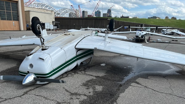ATD’s destroyed aircraft on the ramp after the April 20 'gustnado.' Photo by Keara Neifach.