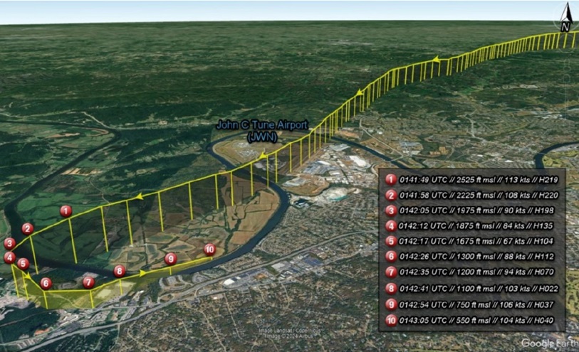 The NTSB used ADS-B data to create this image showing the flight path of the Piper Turbo Lance that attempted an emergency landing on Interstate 40 in Nashville March 4.