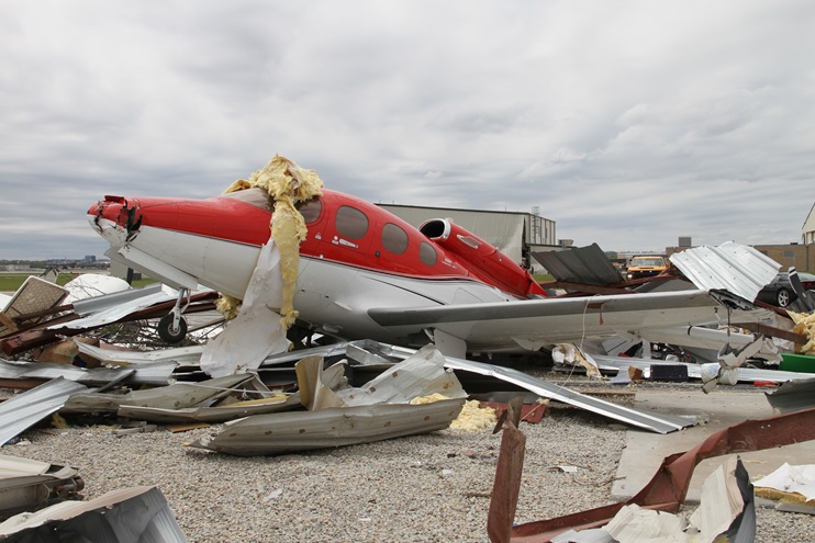 A cluster of T-hangars at Eppley Field in Omaha, Nebraska, was destroyed by a tornado that struck at 5 p.m. on April 26. Photo courtesy of the Omaha Airport Authority.