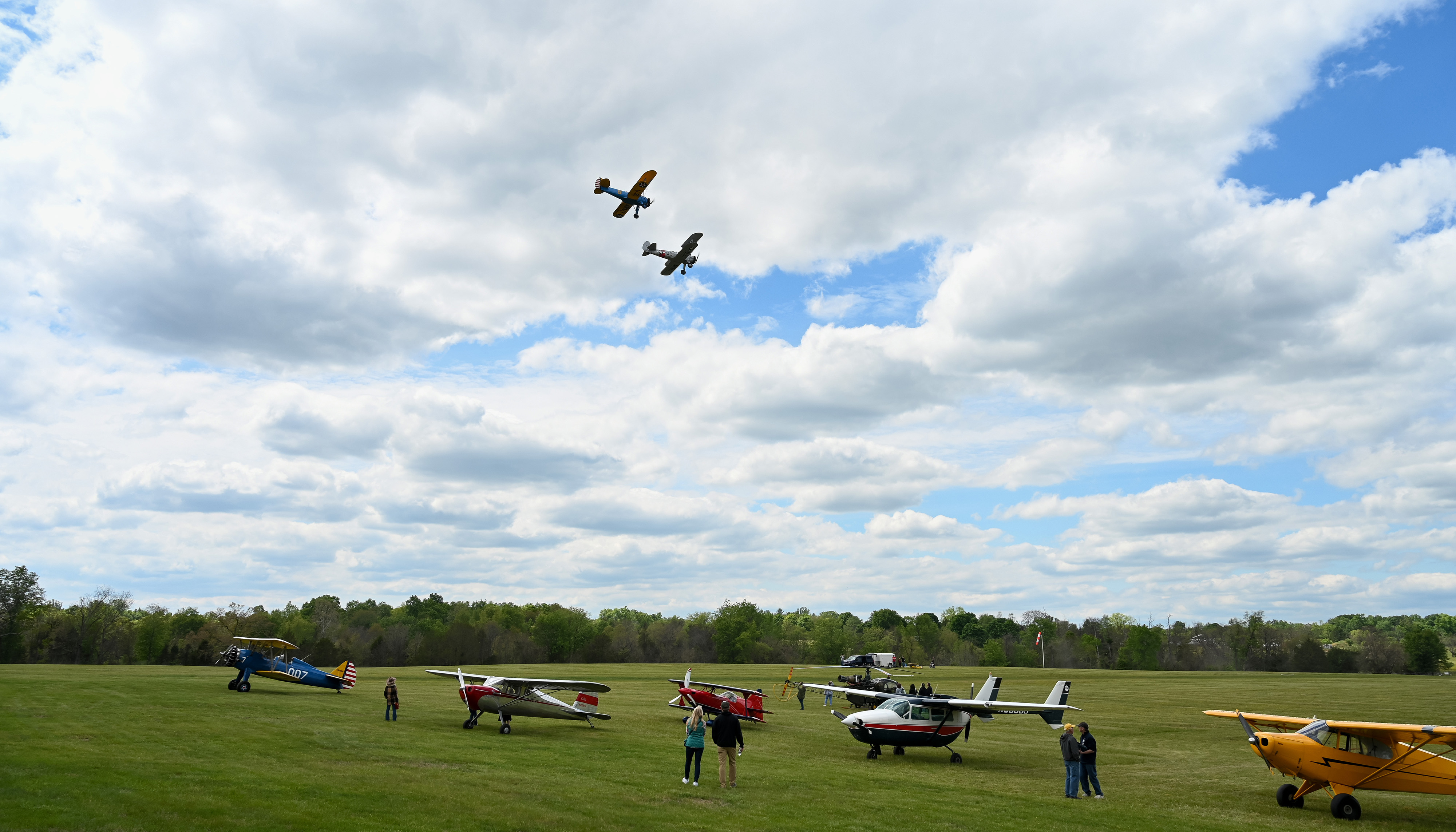 Pilots perform a two-ship flyby over the Horse Feathers grass airstrip in Virginia on May 2, 2026. Photo by David Tulis.