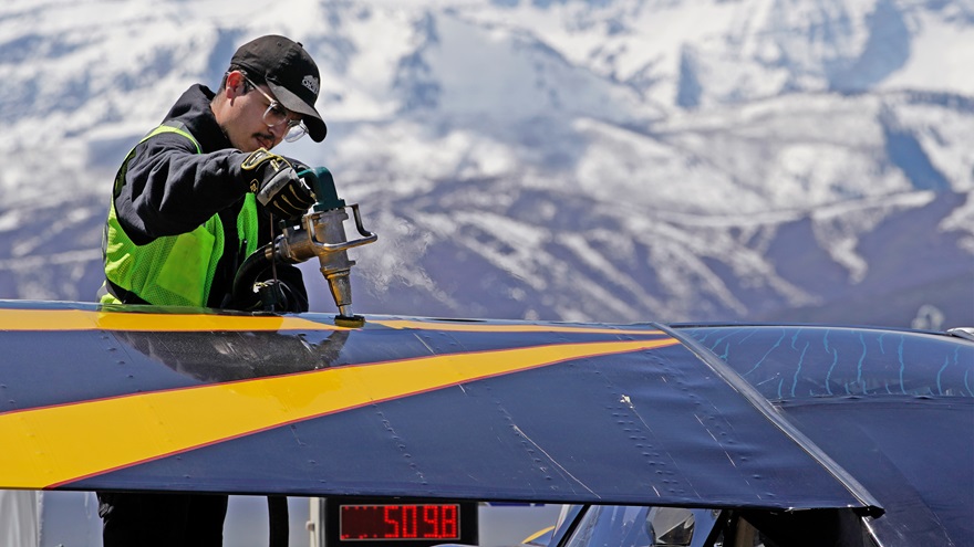 An American Champion Super Decathlon is refueled on the ramp at the Heber City Municipal-Russ McDonald Field airport April 23, 2019, in Heber City, Utah. Photo by George Frey.