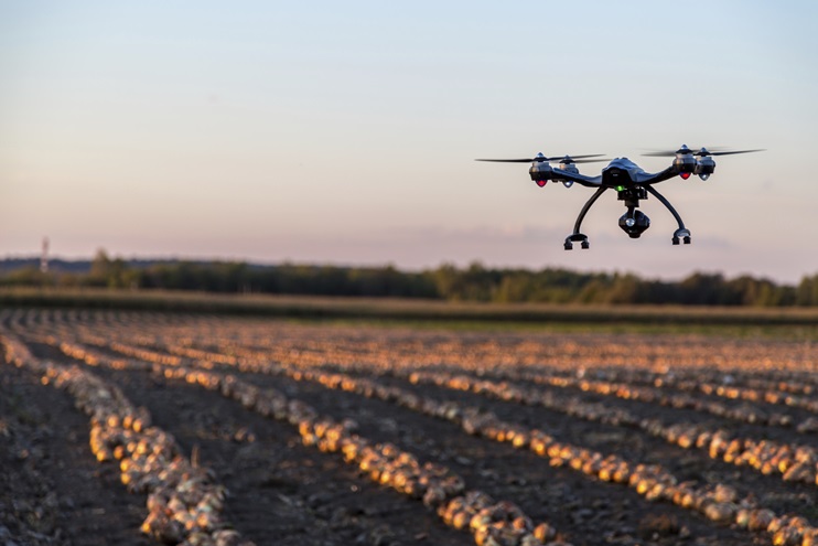 A Yuneec Typhoon drone with a 4k camera flies over an onion field. iStock Photo.