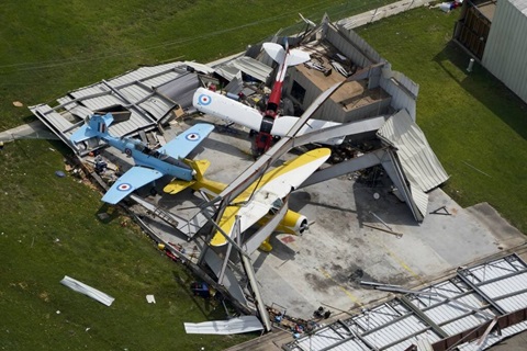 A airplane hangar is destroyed Thursday, Aug. 27, 2020, after Hurricane Laura went through the area near Lake Charles, La. (AP Photo/David J. Phillip)