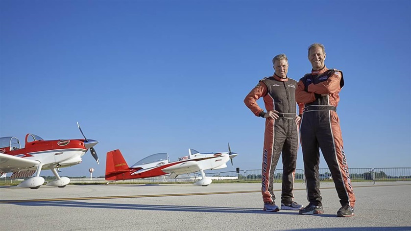 Jon Thocker (right) and Ken Rieder of Redline Airshows are shown at the Dayton Airshow in 2016. Thocker died Oct. 12 after his RV-8 crashed during an aerobatic performance in Virginia. 