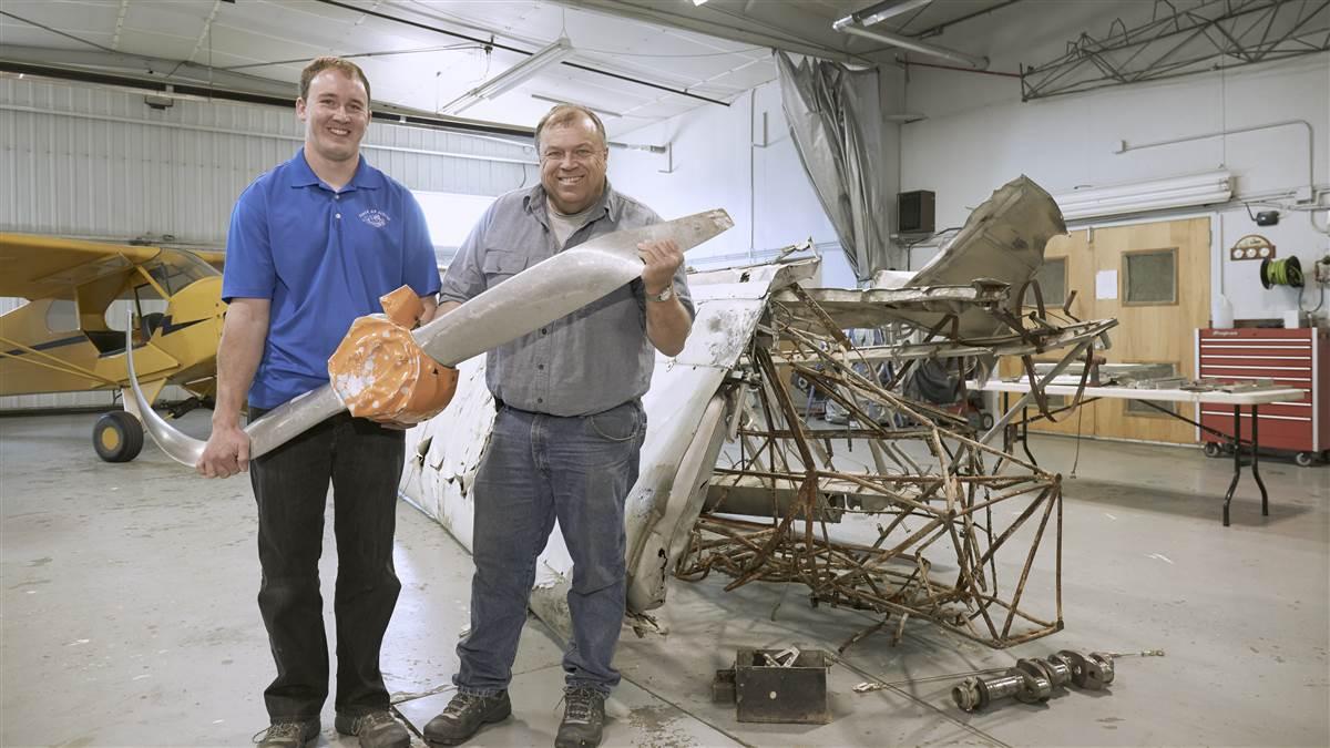Photography of the 2018 AOPA Sweepstake Piper Super Cub restoration by Baker Air Service's Roger (R) and Darin (L) Meggers. Shown is the original damaged spinner and propeller.

Baker Air Services (BHK)
Baker, MT USA