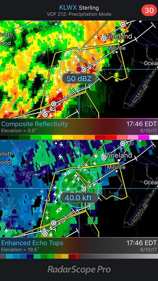 The Radarscope Pro app can be split into two screen views. Using the targeting crosshairs you can examine areas of cell activity. Here, the top view shows composite reflectivity focused on a very strong cell within a yellow severe thunderstorm warning box. White lines show anticipated storm tracks. The bottom view indicates that the same cell’s top is at 40,000 feet.