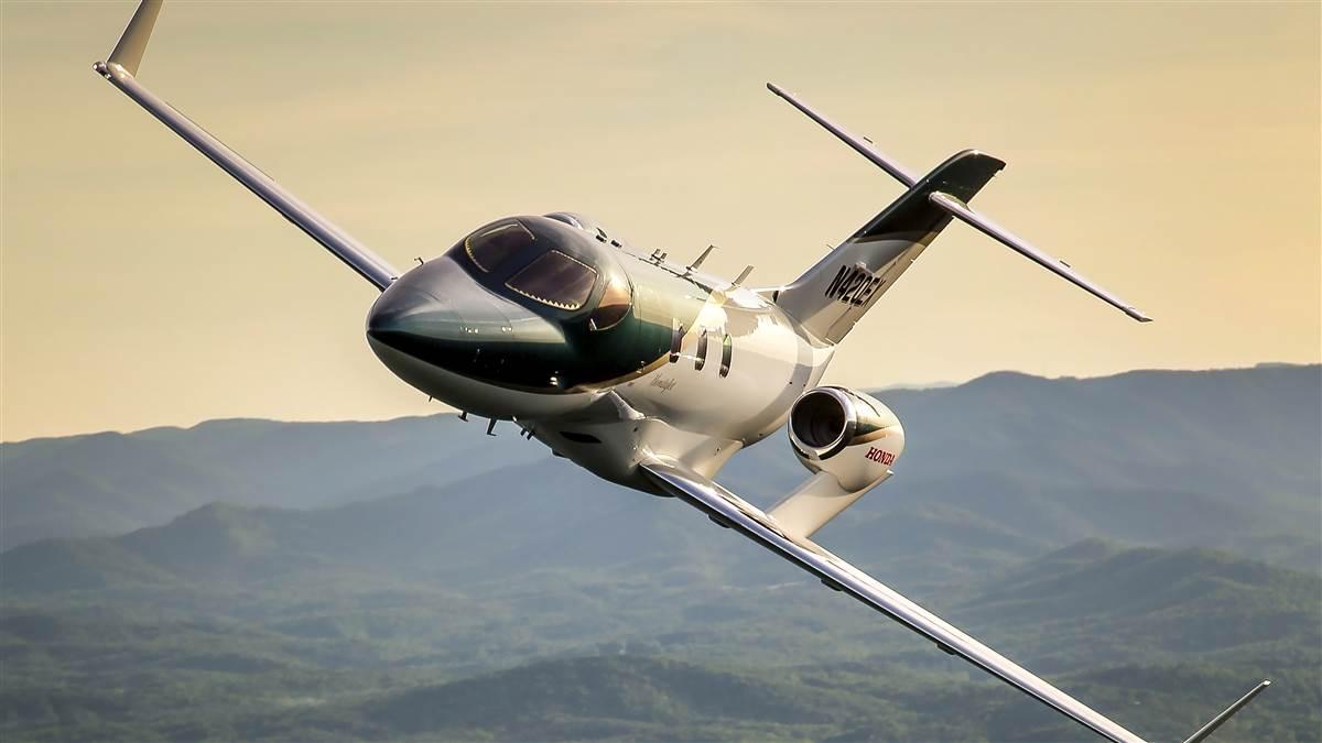 The over-the-wing engines and bulbous cockpit windows make the HondaJet easy to pick out in a crowd.