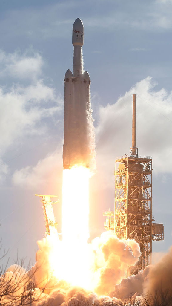 The SpaceX Falcon Heavy rocket lifts off at Kennedy Space Center in Cape Canaveral, Florida, on February 6.