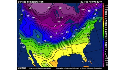 Troughs aloft are reflected in surface temperature charts. The chart at left shows the surface effects of of a trough’s cold air dipping into the western and midwestern states.