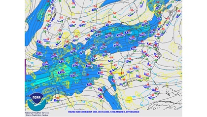 This 300-millibar constant-pressure chart shows a trough aloft and its jet stream winds at 30,000 feet. Wind speeds as high as 130 knots are within one core of strong winds located just east of the trough’s axis over the western states. Moderate to severe turbulence was reported east of the trough as winds blew across the Rockies.