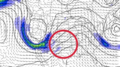 The areas east of a trough are known for producing regions of diverging air (red circle) and slackening wind speeds. This promotes convergence, rising air, low pressure, and frontal systems at the surface.