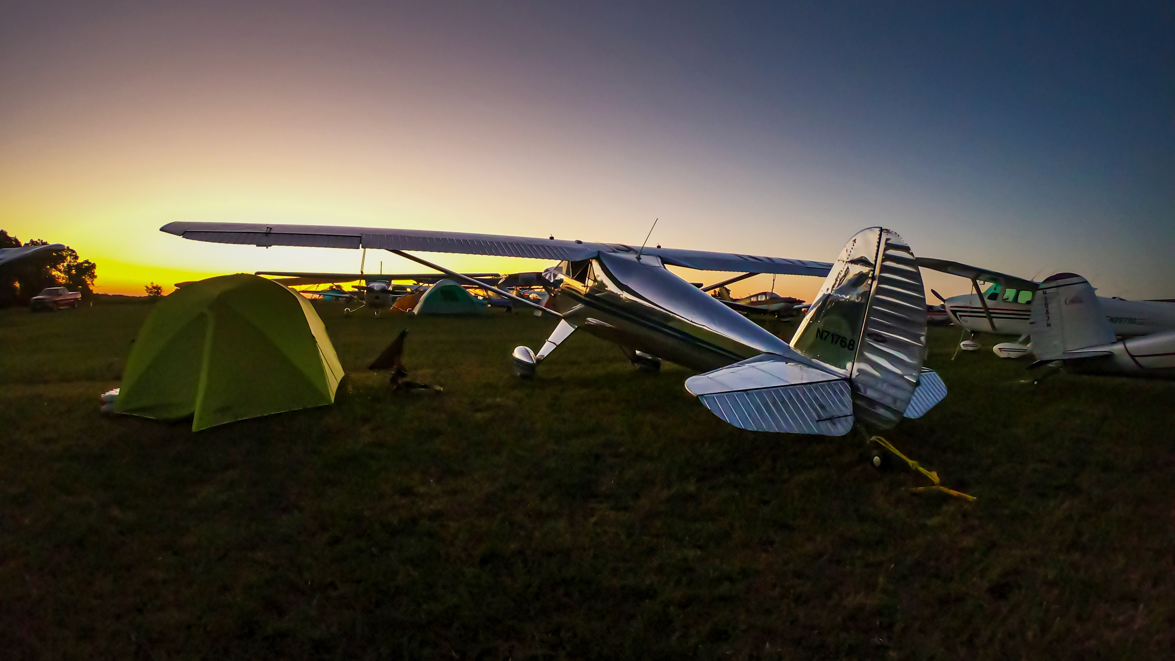 A Luscombe greets the morning sun in the camping area.