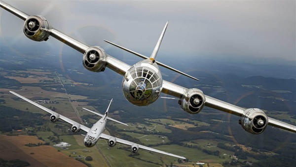 Aircraft gathered for the Arsenal of Democracy flyover included the world’s only two flying Boeing B–29 Superfortresses: 'Doc', above, and the Commemorative Air Force’s 'Fifi'.