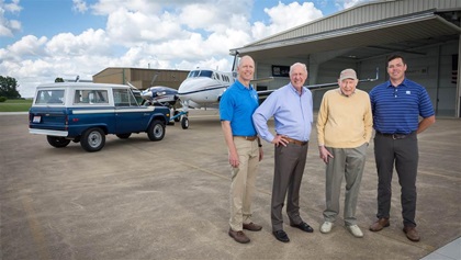 Wayne Snyder, manager of the Gorman-Rupp aviation department; Jeff Gorman; Jim Gorman; and Aaron Zieber, captain of the aviation department, which includes the company Beechcraft King Air C90B and Learjet 75. That’s a 1972 Ford Bronco, which Gorman-Rupp uses as a tow vehicle. Purchased new, it now has 11,000 miles on it.