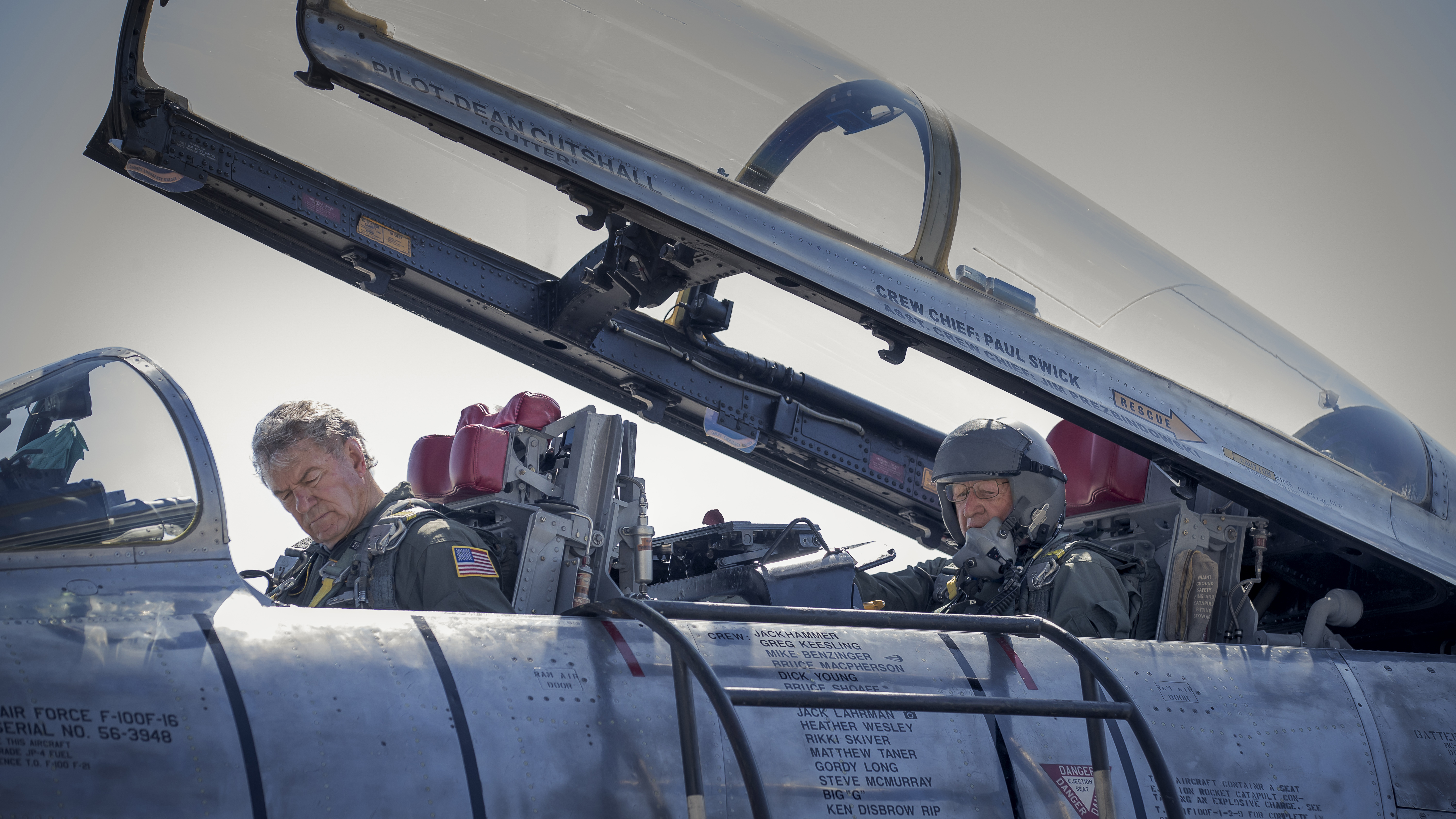 Dean Cutshall takes his friends for flights in his restored F–100F at Super Sabre Society events, this one in Fort Wayne, Indiana.