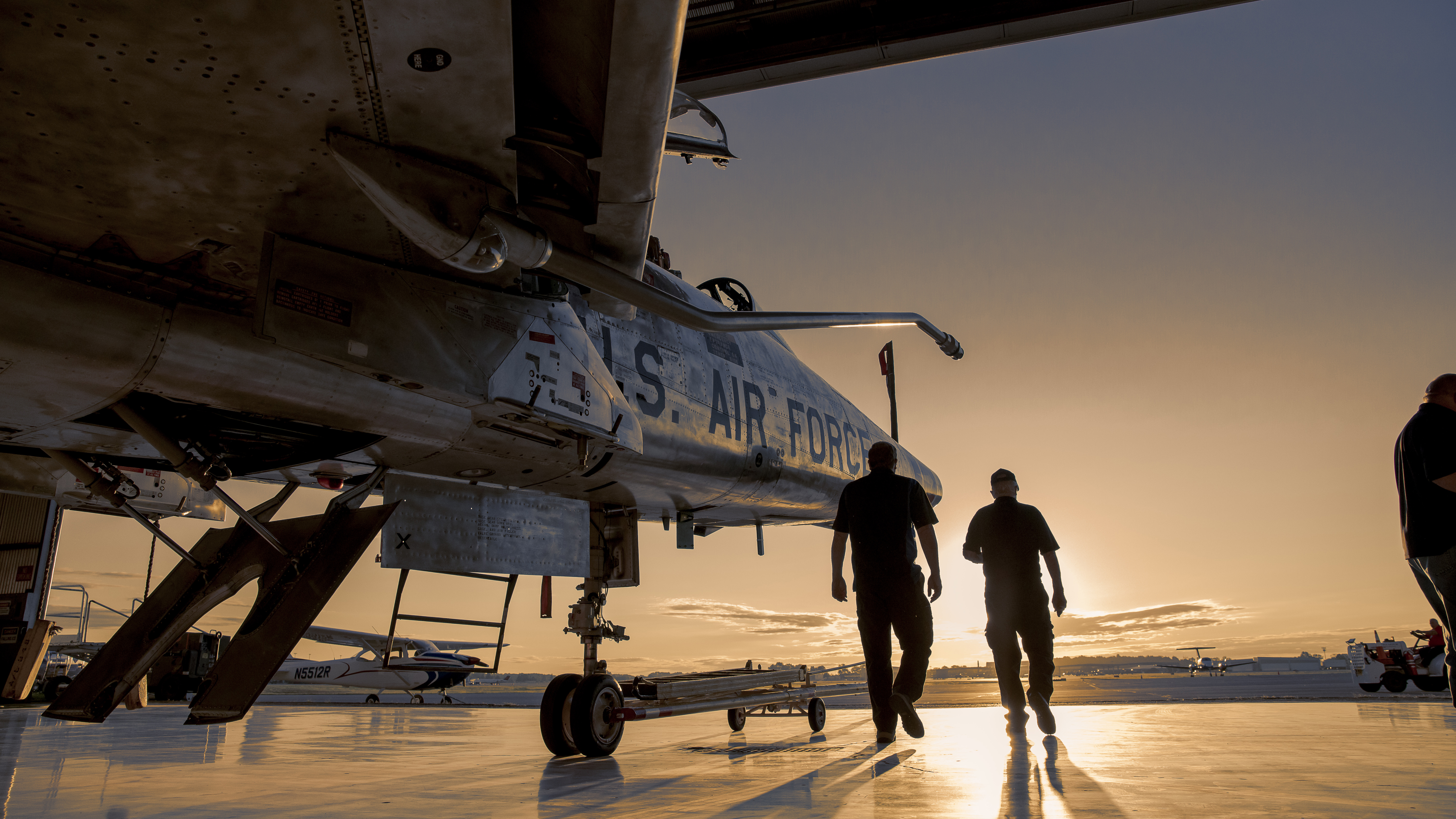 Evening sets on a day of flights in the restored F–100F in Fort Wayne, Indiana.
