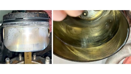 The No. 2 piston was severely clogged with sludge, but the cylinder was in great shape with plenty of visible crosshatch.