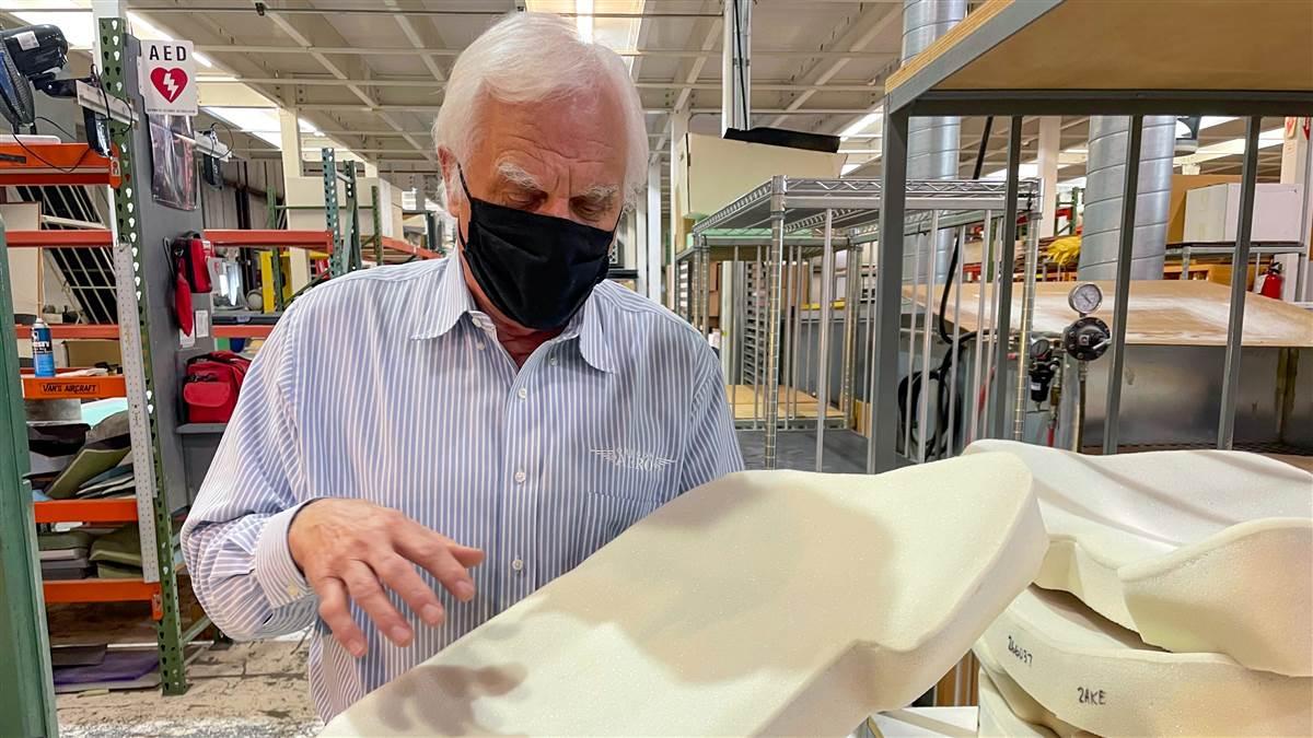Oregon Aero founder Mike Dennis holds a seat cushion core whose exterior is quarter-inch, low-density foam that’s fire, mold, and mildew resistant. It encases three viscoelastic aqueous foams engineered for maximum support, comfort, and crashworthiness.