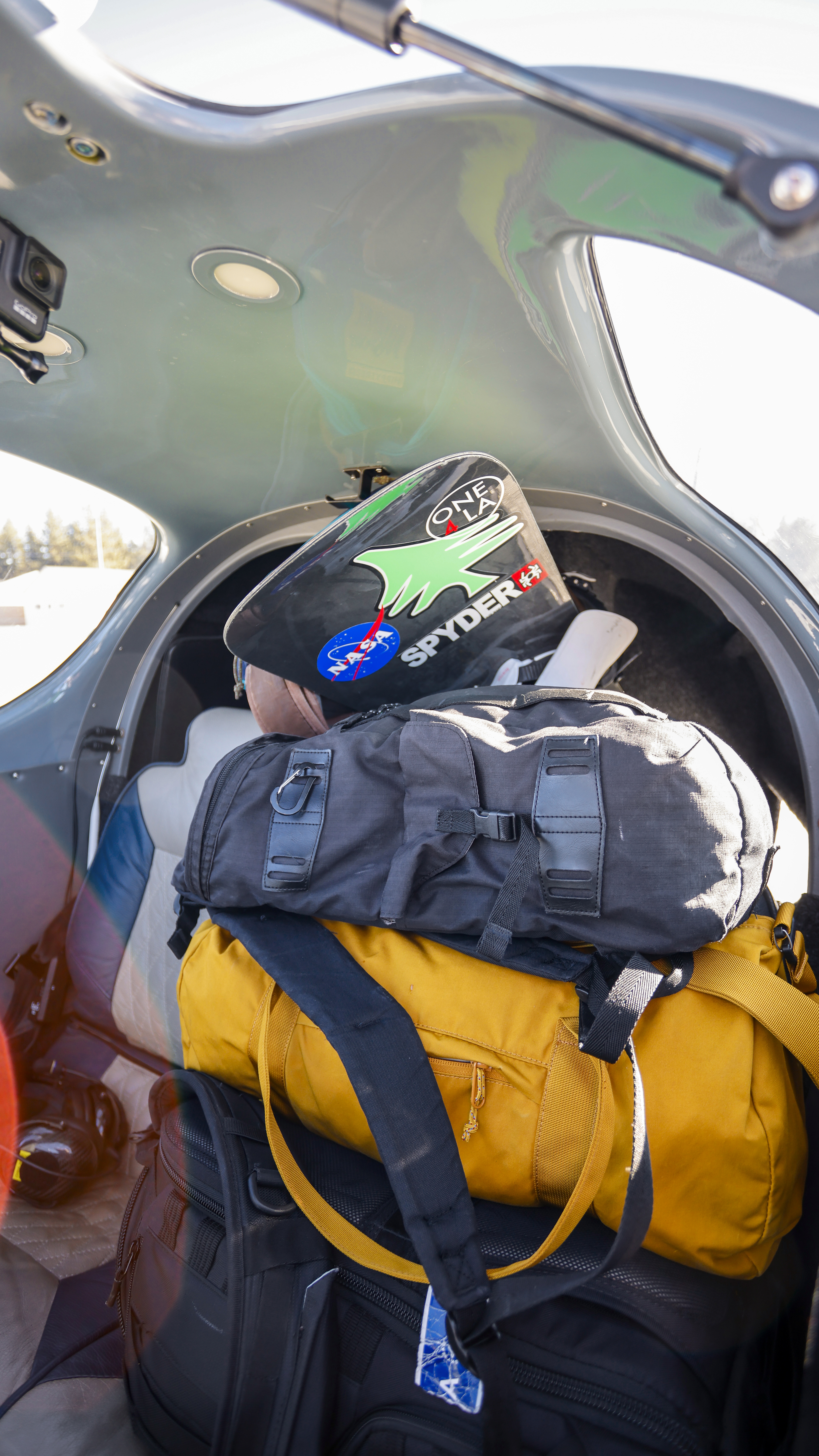 The airplane packed with light but bulky gear for the day.