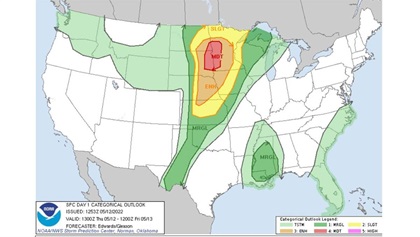 May 12, 2022. The Storm Prediction Center’s (SPC’s) Convective Outlooks are published daily, and delineate the areas where it anticipates marginal, slight, enhanced, moderate, and high risks of severe thunderstorms. The areas identified with the TSTM code indicate a chance of non-severe thunderstorms. Forecasts can go out as far as four to eight days, but don’t make any bets past Day 3.