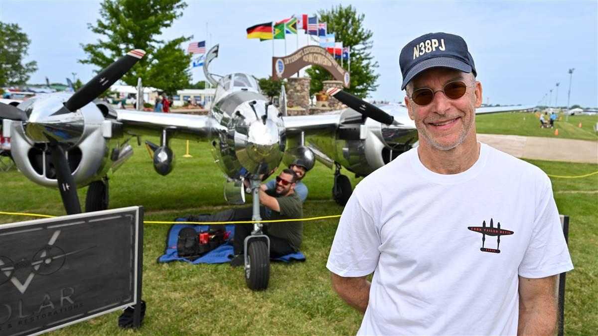 William Presler flew his late uncle’s P–38 to Oshkosh from Tennessee in July. Photography by David Tulis. William Presler flew his late uncle’s P–38 to Oshkosh from Tennessee in July. Photography by David Tulis.