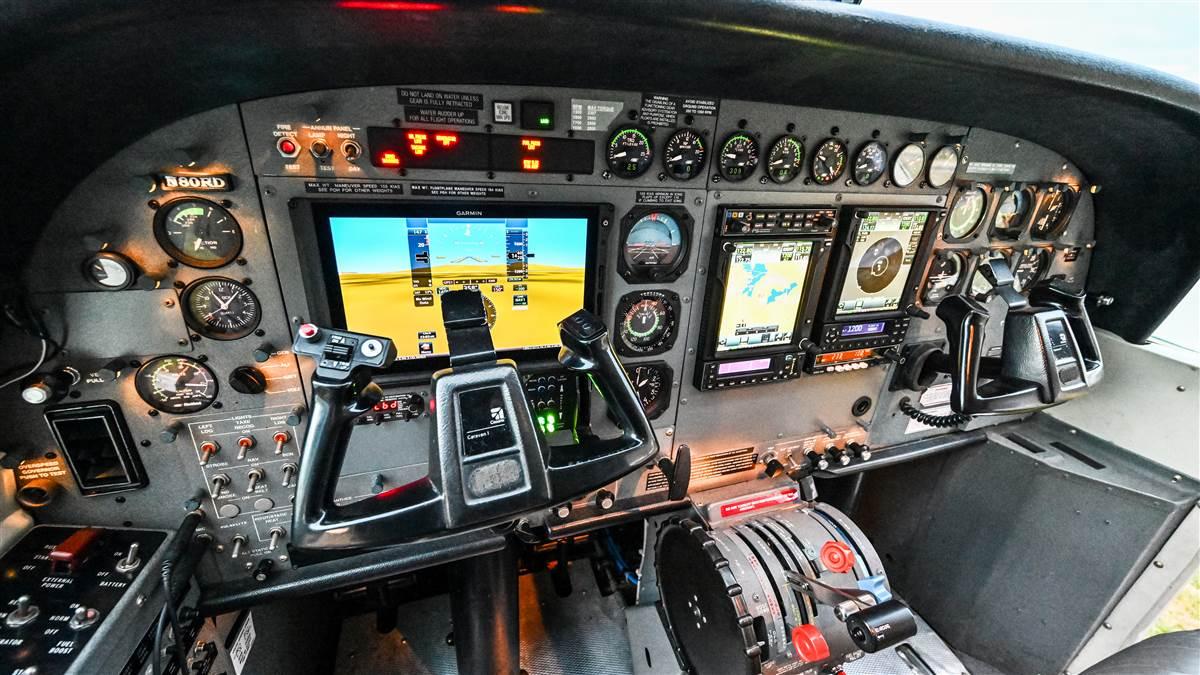 A mix of Garmin glass and original, analog engine gauges is typical of updated Caravans. Synthetic vision on the primary flight display vastly enhances pilot situational awareness in rugged, remote areas.