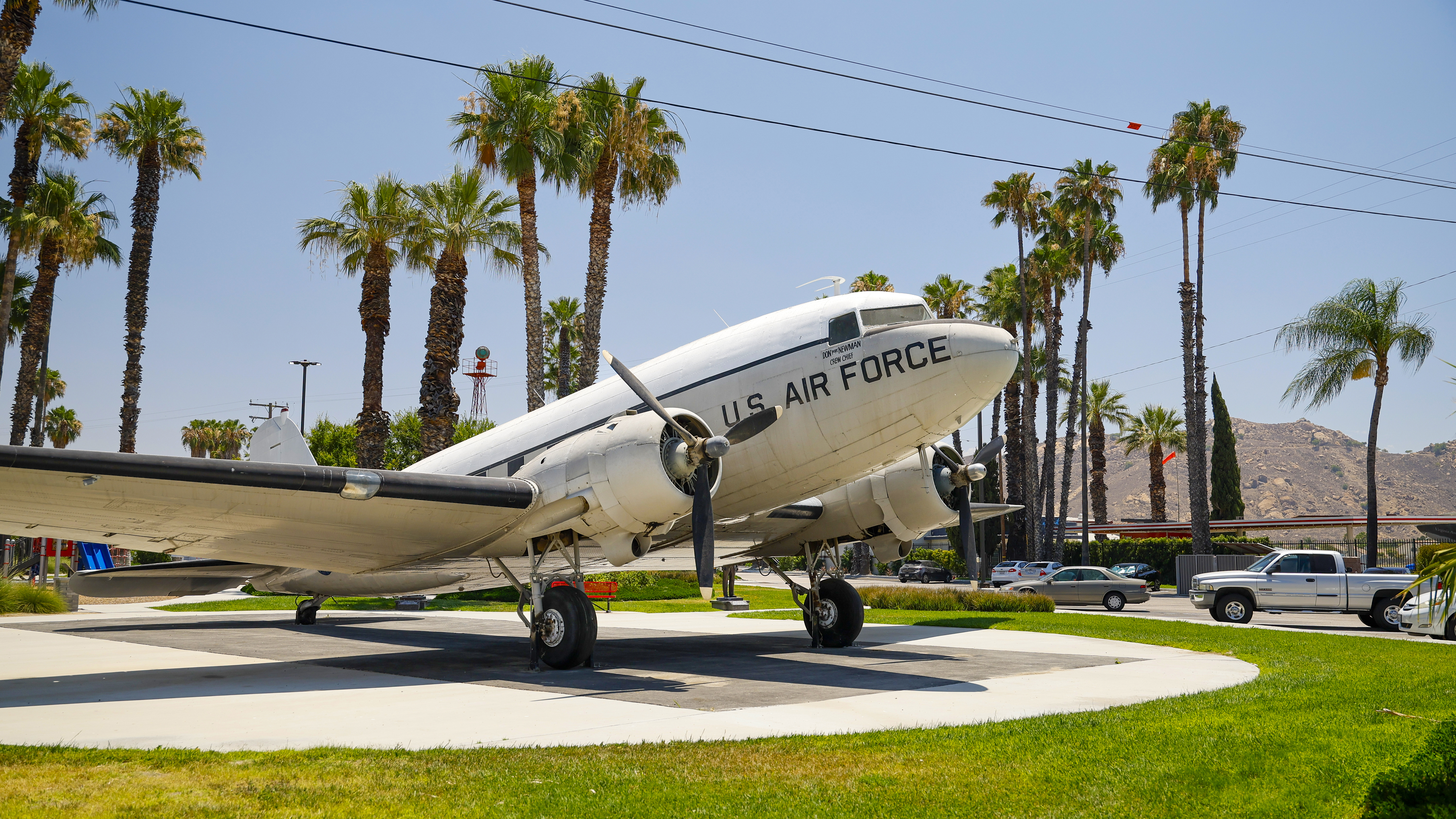 The entrance to Flabob Airport sports a DC–3 on display—flying aircraft are frequently on the ramp.
