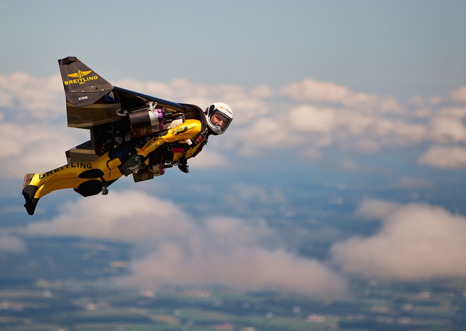 Yves Rossy, the Breitling-sponsored Jetman, supplied turbine thrills on a smaller scale in the absence of a military presence at EAA AirVenture. Mike Shore photo, courtesy Breitling