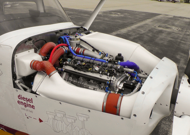 Continental's 135-hp, 2.0 liter turbodiesel in a RedHawk--a remanufactured 2002 Cessna 172S. The engine is already STC'd for installation in the Skyhawk, so no further approvals are needed.