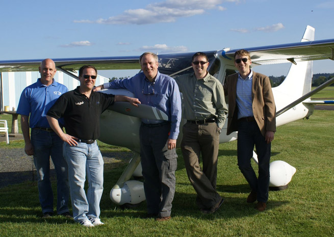 A Dynon employee flying club, known as the Swamp Creek Flyers, now has its own aircraft, a Glasair Sportsman that the members built. Left to right: Kirk Kleinholz, David Weber, Robert Hamilton, Ian Jordan, and Paul Dunscomb.
