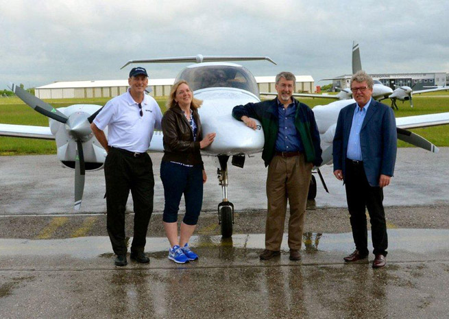 Left to right: John Armstrong, president of Dominion Aircraft Sales; DA-42-VI owners Sue and Dave Passmore; Christian Dries, CEO of Diamond Aircraft.