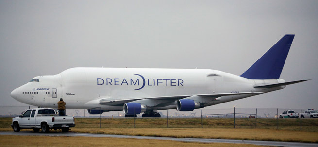A Boeing Dreamlifter that landed at Colonel James Jabara Airport instead of McConnell Air Force Base successfully took off Nov. 21 for the 8-nautical-mile-hop to McConnell. Photo Credit Associated Press, Jaime Green.