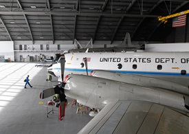 The P-3 Orion in the NOAA Aircraft Operations Center hangar.