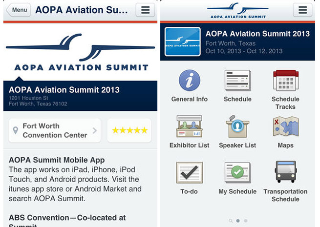 AOPA Aviation Summit 2013 screenshots from the iOS version.