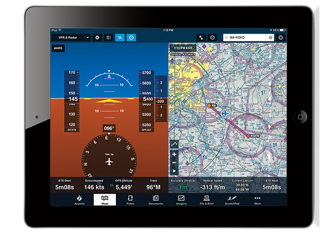 A ForeFlight update includes split-screen attitude view from the Stratus ADS-B receiver.