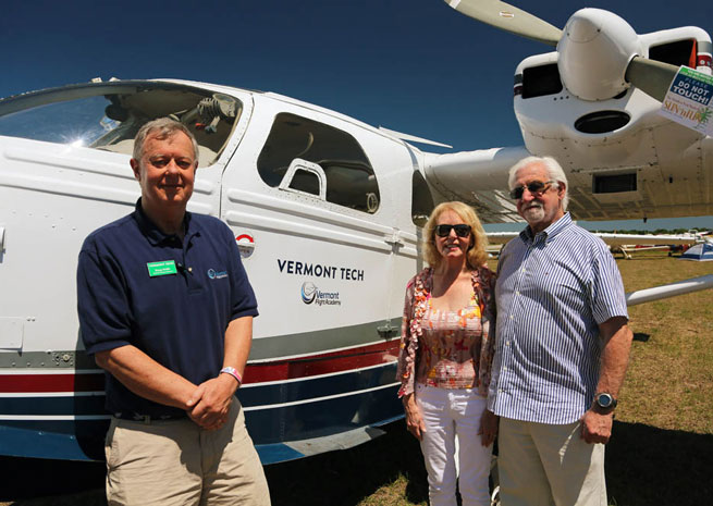 Californians Jeanette and Roger Glazer donated their Twin Bee UC-1 to the Vermont Flight Academy. Doug Smith is at left.