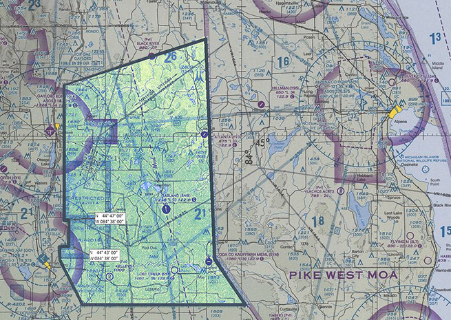The proposed TMOA would be located west of Alpena County Regional Airport (APN), and east of Gaylord Regional (GLR) and Grayling AAF, in Northern Michigan. 